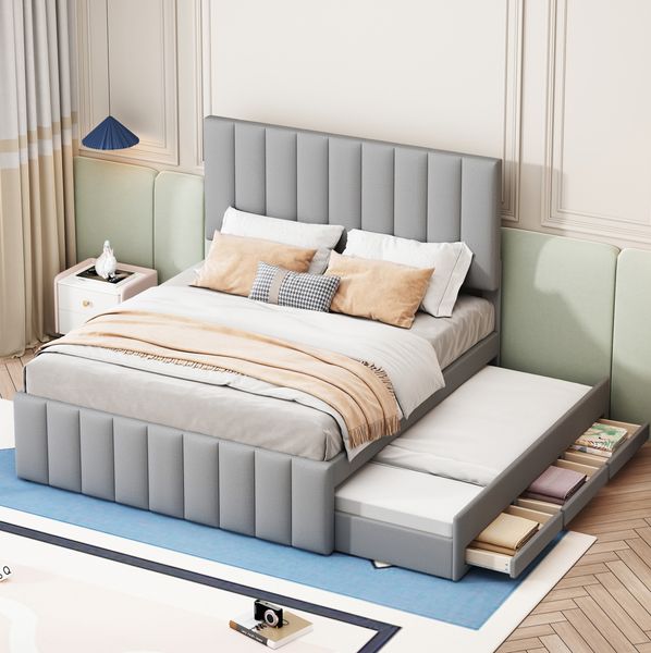 Graues Polsterbett 140x200 cm Mit Ausziehbett Und 3 Schubladen Multifunktionsbett Mit Höhenverstellbarem Kopfteil Doppelbett Gästebett Mit Stauraum 250 Kg Tragkraft