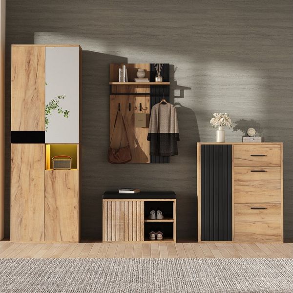 Merax Garderoben-Set 4-teilig Garderobenset, (1-St, Kleiderschrank, Schuhschrank, Schuhbank & Wandgarderobe), Flurmöbel, 215×36×190 cm