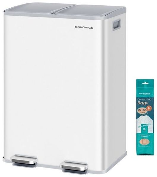 SONGMICS Mülleimer Küche, 2 x 30 Liter, 2 Fächer, Abfalleimer, Tretmülleimer, Küchenmülleimer mit Softclose-Deckel und Inneneimer, Stahl, inklusive 15 Müllbeutel