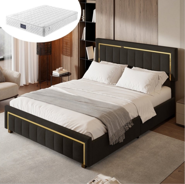 Furnishings Home Polsterbett Doppelbett Stauraumbett Inkl. Matratze (Hydraulisch anhebbarer Bettstauraum), Mit vergoldeter Leiste, Bettkasten, Lattenrost, Samt, 160x200 cm