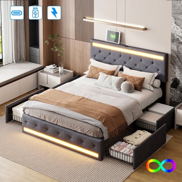 PXloue Polsterbett Doppelbett 180x200 cm, Jugendbett, mit LED-Beleuchtung und USB/Type-C Anschlüssen,160x200 cm