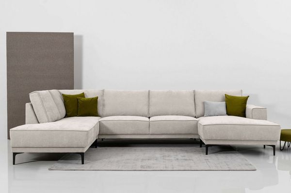 OTTO home Wohnlandschaft XXL Sofa Oland, Struktur, Flachgewebe, Luxus-Microfaser, Boucle, U-Form, 345 cm, Wellenunterfederung, Skandi-Design, Metallfüße