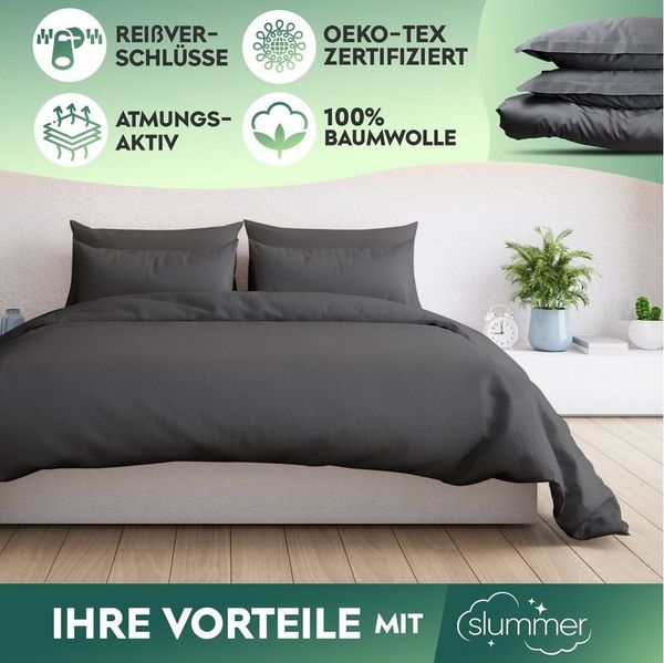 Slummer Bettwäsche Baumwolle in Gr. 135x200 oder 155x220 cm -anthrazit- grau-uni-, Baumwolle, 4 teilig, incl. Kissenbezug 80x80, YKK-Reißverschluss