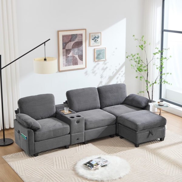 Großes Cord Sofa mit Mittelkonsole, USB-C & Stauhocker, 266×136×82 cm, Dunkelgrau