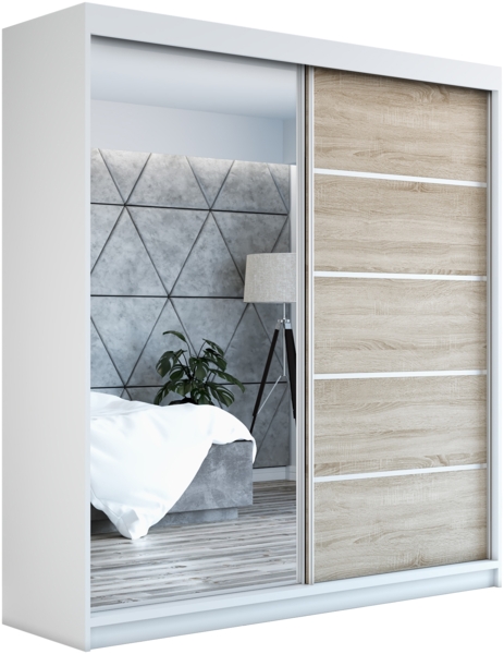 A&J MöbelLand 'GAP' Schwebetürenschrank mit Spiegel, 215 x 59,5 x 160 cm, Weiß / Sonoma Eiche