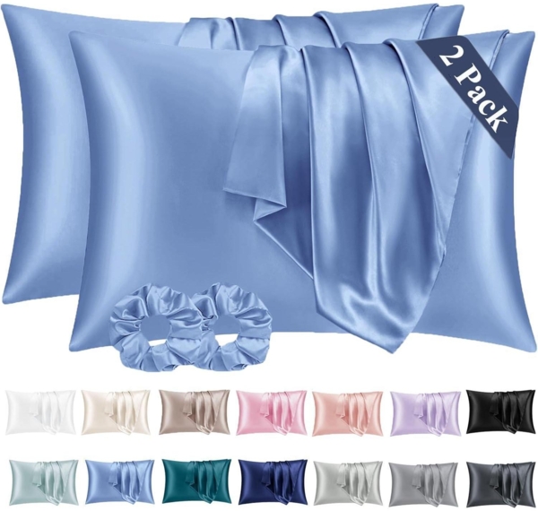 2er Set Satin Kissenbezug 40x80 Blau Haargummis Kissenhülle 40x80cm