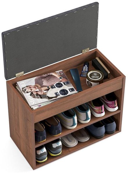 KOMTO Schuhschrank Schuhbank mit Sitzfläche Schuhregal Bank Sitzbank Flur Bank Sofia Nussbaum 60 x 48 x 32 cm