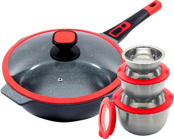 KING Bratpfanne Click-Grip, Aluminiumguss (Set, 8-tlg, 3 Ø17.5 Ø14.5cm Ø12cm mit Deckeln, 1 Pfanne Ø32cm mit Glasdeckel), Induktion, mit Glasdeckel, abnehmbarer Pfannengriff, 32 cm