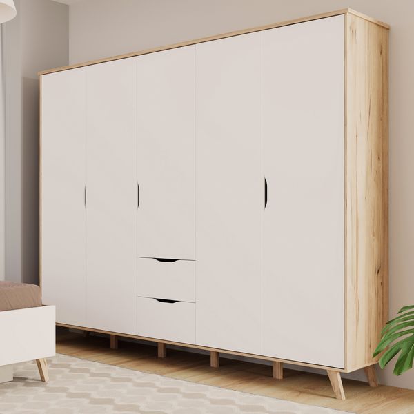 Forte VANKKA Kleiderschrank 230, Skandi Schrank mit 5 Drehtüren und 2 Schubladen, filigrane Möbelbeine, Holzwerkstoff, Planked Eiche Holzdekor | Weiß, 228,8 cm breit x 201,5 cm hoch x 52,7 cm tief