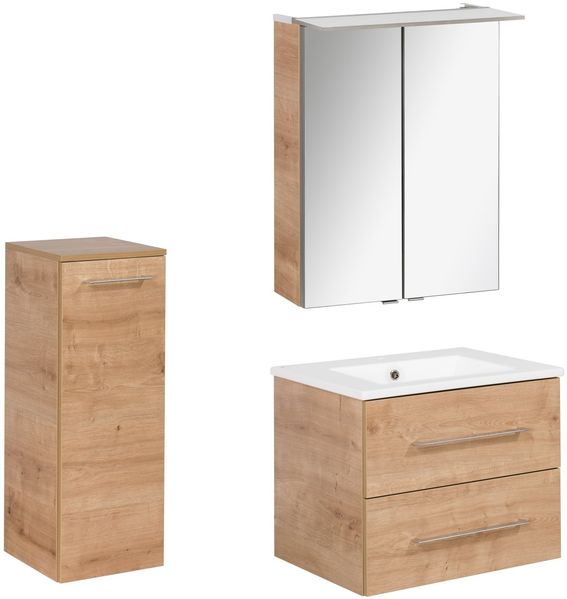 FACKELMANN B.PERFEKT Badmöbel Set 4-teilig 62 cm breit, Braun hell, Waschbecken Keramik Weiß + LED Spiegelschrank + Midischrank