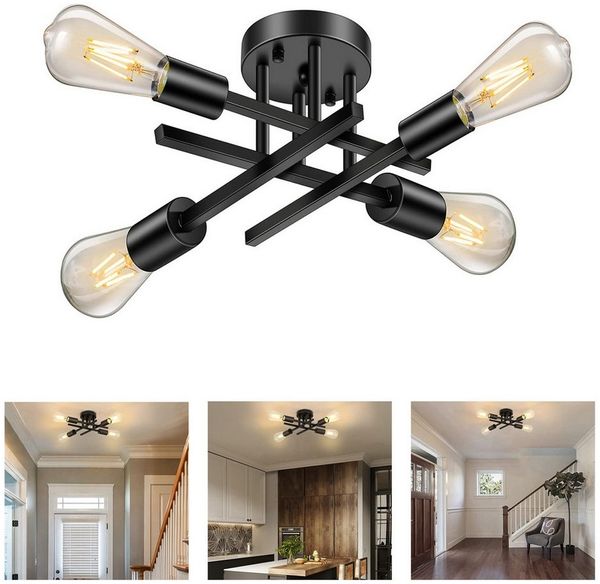 MUPOO LED Deckenleuchte Vintage Retro LED Deckenlampe aus Metall Schwarz E27 für Schlafzimmer, 4 Flammig mit LED-Glühbirne, LED fest integriert, Halbbündige Deckenleuchten
