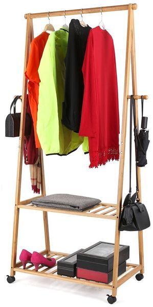 BAKAJI Kleiderständer aus Bambu für Schlafzimmer Eingang mit Rädern, 2 Regalböden, Kleiderstange für Kleiderbügel und Seitenhaken Größe 70 x 33 x 153 cm, Farbe Bamboo Natur