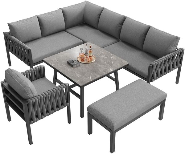 Modernes Seil-Gartenmöbelset in Grau, verzinktes korrosionsbeständiges Eisengestell mit verstellbaren Füßen, L-Ecksofa + Einzelsessel + Hocker + Glastisch mit Marmoroptik, inklusive aller dicken Sitz- und Rückenkissen aus UV-beständigem Polyester