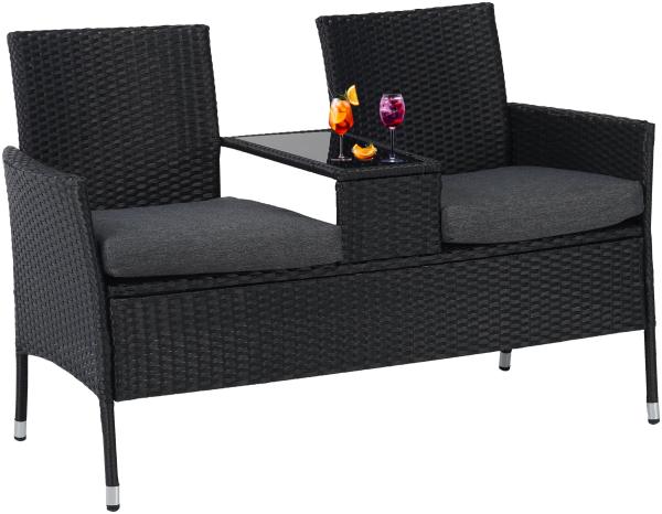 Albatros Gartenbank ANTONIO – Polyrattan Bank – 2-Sitzer Gartenbank mit Tischplatte aus Glas – UV beständig wetterfest – Stoffpolster – 134x82x55cm schwarz – VIP RELAX Sitzbank