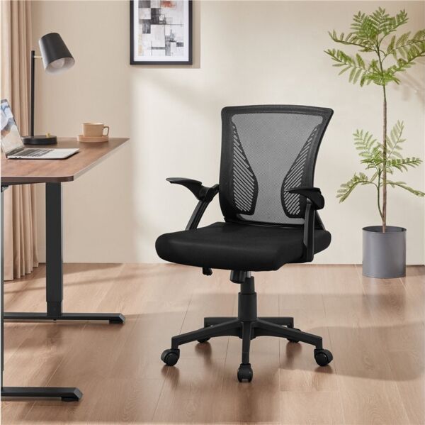 Yaheetech Bürostuhl aus Mesh-Gewebe Höhenverstellbarer Schreibtischstuhl, Ergonomischer Drehstuhl Arbeitsstuhl mit Hochklappbaren Armlehnen