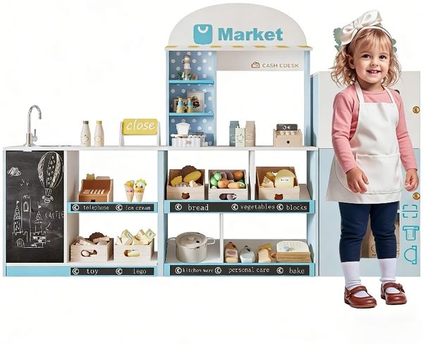 Novelux Kaufmannsladen Kinder aus Holz, mit Regalen, Kühlschrank, Kreidetafel und Wasserhahn, blau, 30 x 155 x 107,5 cm, EN71, ab 3 Jahren, groß