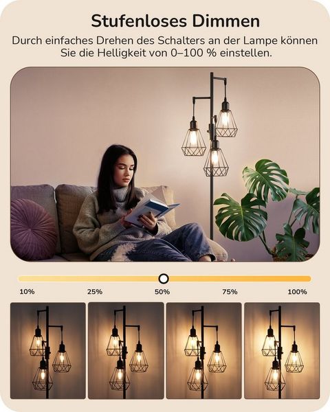 EDISHINE Stehlampe Wohnzimmer 166cm, 3-flammige Stehleuchte Dimmbar, LED wechselbar, Warmweiß, 3 Käfig Lampenschirm aus Metall