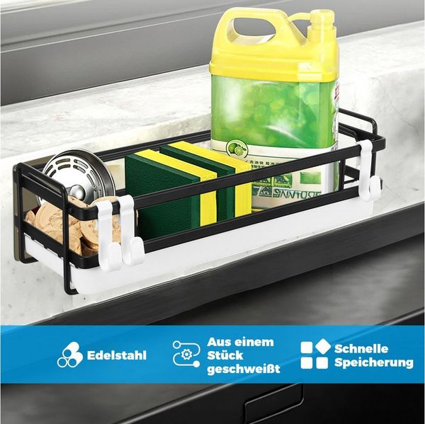 BlingBin Küchenorganizer-Set Hängend Spülbecken Organizer, Schwammhalter mit Spültuchhalter, (1er Set, 1-tlg, Größe: 25,7*9,5*7 cm/10,11*3,74*2,75 Zoll), Spüle Organizer mit Abflusspfanne für Abwasch, Spülmittel, Ohne Bohren