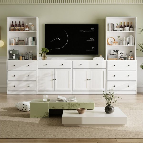 VOWNER TV-Schrank mit Bücherregalen für Fernseher bis zu 70 Zoll, 280 cm TV-Ständer (4-St) Wohnzimmer-Fernsehschrank mit gehärteten Glastüren und Einlegeböden