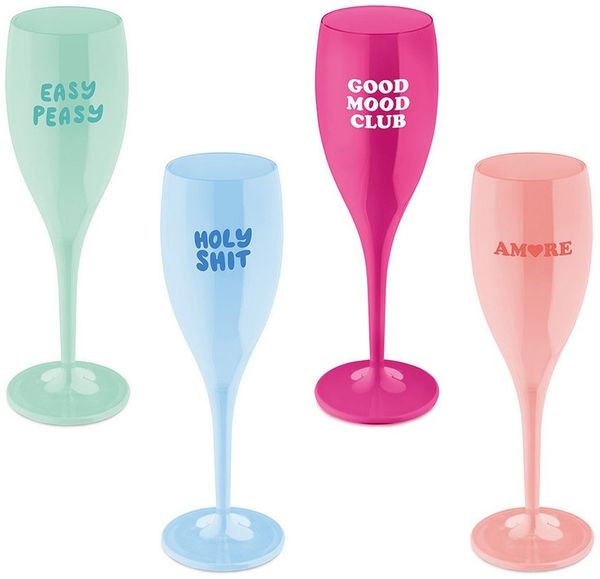 KOZIOL Sektglas CHEERS No. 1 COLOR UP Glas 100 ml mit Druck, 4 Motive, 4-tlg, Kunststoff, spülmaschinengeeignet
