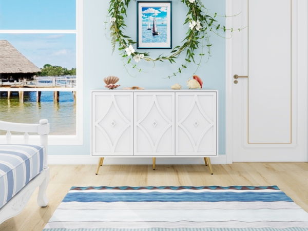 Sideboard, Schrank mit 3 Türen und 3D-Schnitzmuster Metallbeine in Gold moderner Aufbewahrungsschrank, Holz+Metall, Weiß, 120×40×80 cm