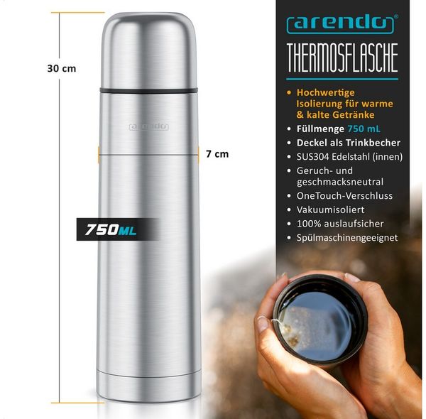 Arendo Thermoflasche Isolierflasche 0,75 L, auslaufsichere Edelstahl Outdoor Trinkflasche, hält Stundelang kalt & warm, BPA-frei, geschmacksneutral, 750 ml