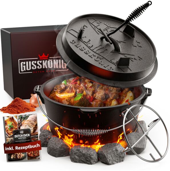 Dutch Oven 12 l ohne Füße aus Gusseisen – vorgebrannt mit Deckelheber & Edelstahl-Untersetzer inkl. Rezeptbuch für Grill Outdoor & Küche