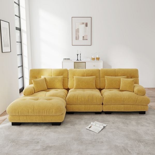 Modulares Ecksofa aus Chenille 313x145x81 cm mit Ottomane, gelb