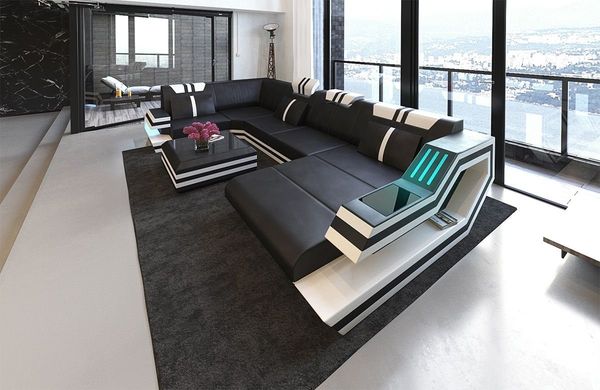 Sofa Dreams Wohnlandschaft Leder Sofa Ledercouch Ravenna U Form Ledersofa, Couch, mit LED, wahlweise mit Bettfunktion als Schlaffunktion