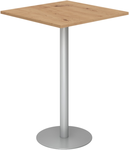 bümö Stehtisch Büro, Bistrotisch eckig 80 x 80 cm - Bartisch Asteiche, Stehtisch Holz-Platte, Säule aus Metall in silber, Buffettisch, Säulentisch, Partytisch, Thekentisch, Hochtisch, Barmöbel, STH88-R-S