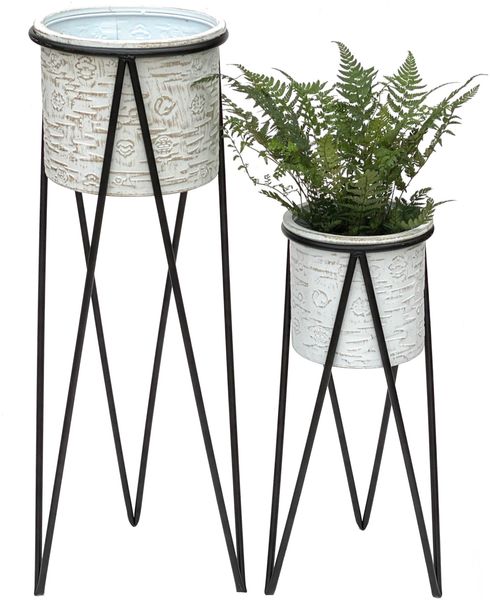 DanDiBo Blumenhocker mit Topf Metall Schwarz Weiß 2er Set Blumenständer 96043 Blumensäule Modern Pflanzenständer Pflanzenhocker
