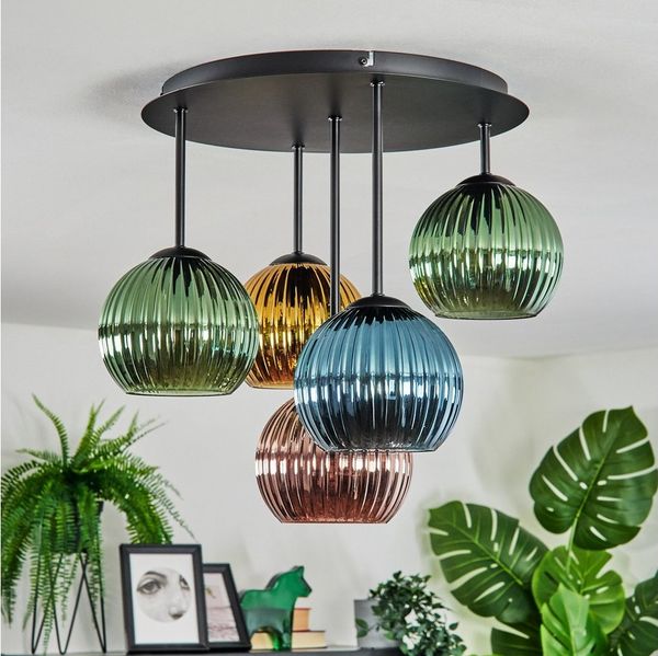hofstein Deckenleuchte Deckenlampe aus Metall/Riffelglas in Schwarz/Blau/Grün/Kupfer/Gold, Deckenleuchte im Retro/Vintage-Design (Schirm Ø 15 cm), 5 x E14