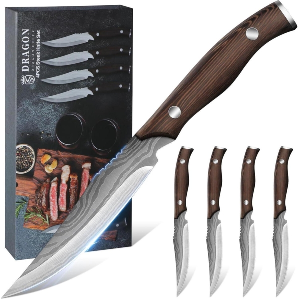 Hochwertiges Steakmesser Set 4-teilig Edelstahl Holzgriff Messer Set Geschenkbox