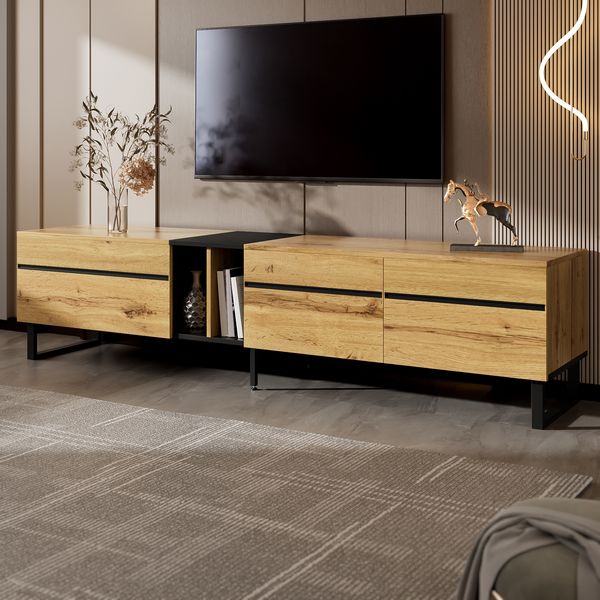 TV-Lowboard 180 x 38 x 45 cm aus Spanplatte in Holzoptik, mit Klappfach und Türen