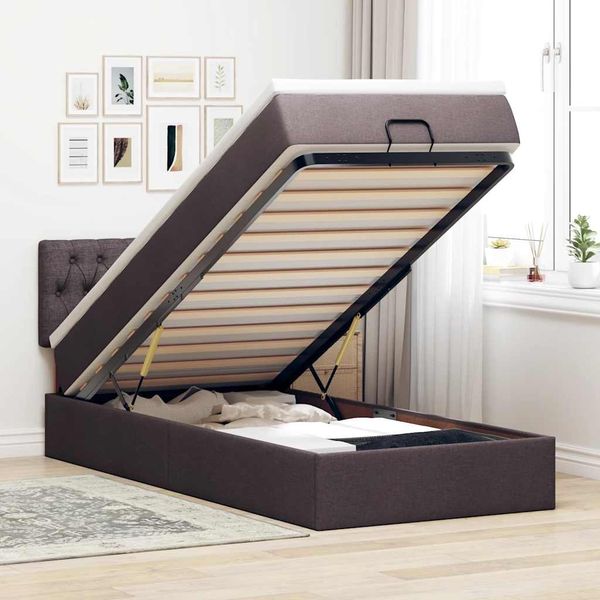 vidaXL Ottoman-Bett mit Matratze & LEDs Dunkelbraun 90x190 cm Stoff 3312356