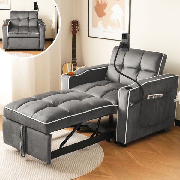 Sofa, Sitzfläche 83x167x76 cm – multifunktionales 3‑in‑1 Schlafsofa mit Samtbezug und Getränke-/Handyhalter, dunkelgrau