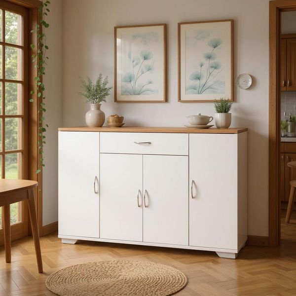 FurnitureR Weißer Buffet-Schrank, Moderne Design, MDF-Material, 110cm Breite, Kompakte Lagerlösung