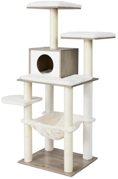 Feandrea Kratzbaum, 138 cm Katzenbaum, modern, mehrstöckiger Katzenkratzbaum, Kuschelhöhle, Sisalstämme, Hängematte, Plattformen, weicher Plüsch, waschbare Kissen, Greige
