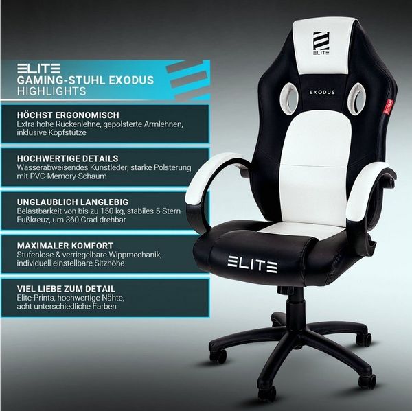 ELITE Gaming Gaming-Stuhl Ergonomischer Gamingstuhl Exodus Bürostuhl inkl. XXL Sitzfläche (hohe Rückenlehne, verstellbare Sitzhöhe, extragroße Sitzfläche, vielfältige Farbauswahl, Sicherheits-Doppelrollen, 1 St), verstellbare Sitzhöhe