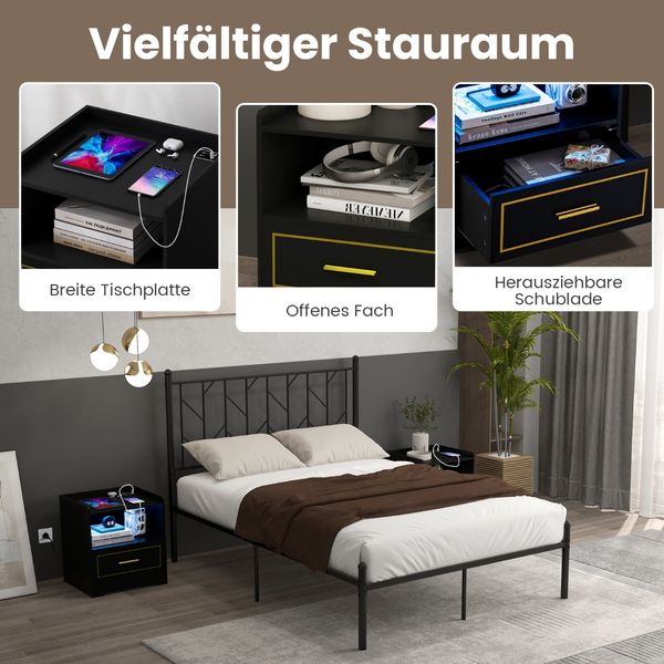 Nachttisch mit LED Licht USB-Anschluss und Typ-C-Ladestation Nachtschrank mit Bewegungssensor Schwarz