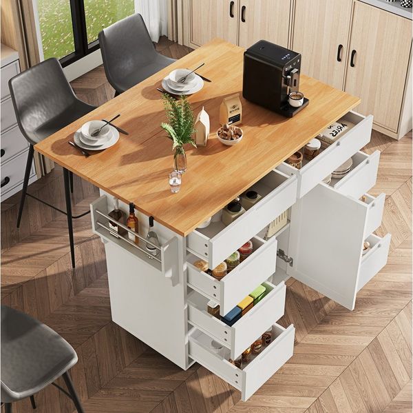 Flieks Küchenwagen mit erweiterbare Arbeitsplatte, Rollen und Gewürzregal, (1 St), Servierwagen mit 8 Schubladen Kücheninsel Buffetschrank Weiß