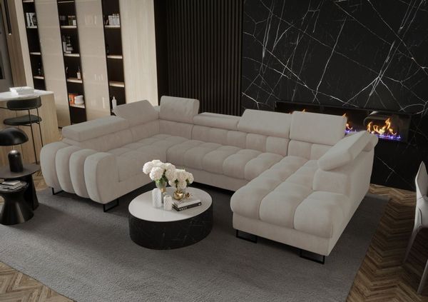 Wohnlandschaft Schlafsofa BASTIEN in Stoff Terra Beige Ottomane Rechts