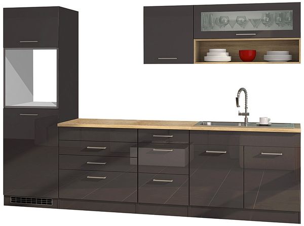 Küchenzeile 290 cm Grau Hochglanz MARANELLO-03, ohne E-Geräte B x H x T ca. 290 x 200 x 60cm
