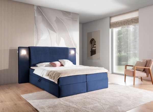 Boxspringbett Bett MARTEN 140x220cm Set. 1 in Stoff Magic Velvet Dunkelblau