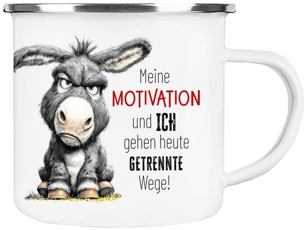 Cadouri Tasse Emaille Tasse MEINE MOTIVATION UND ICH Kaffeetasse, Metall, Outdoortasse, Campingbecher Edelstahl, handgefertigt, Geschenk, 300 ml
