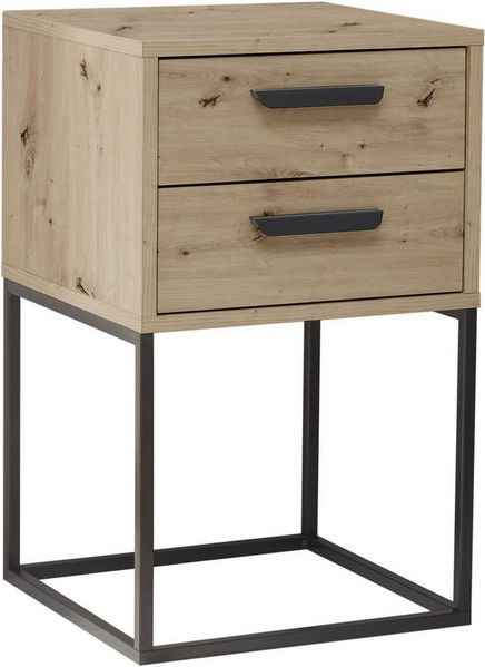 Stella Trading Suna Nachttisch in Artisan Eiche Optik-Moderner Nachtschrank mit Schubladen und schwarzem Metallgestell, Holzwerkstoff, 40 x 65 x 38,5 cm