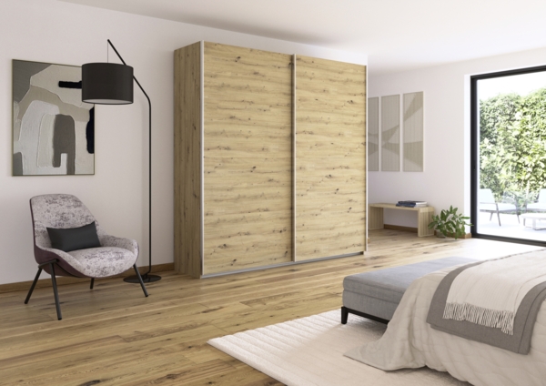 rauch Quadra, Kleiderschrank, Schiebetürenschrank, 2-türig, mit 2 Kleiderstangen und 4 Einlegeböden, Farbe Eiche Artisan, BxHxT 226x229x61cm