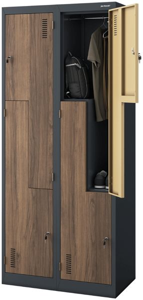 Umkleideschrank Spind JULIA - 4 Abteile mit Lüftungsschlitze | Umkleidespind Metall Schließfachschrank Garderobenspind, 185x80x45cm Anthrazit-Nussbaum