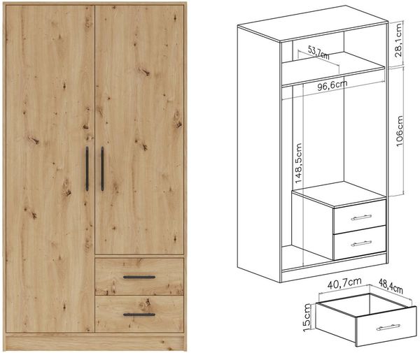Marmex Möbel Kleiderschrank SMART 3 zweitüriger Garderobenschrank Mehrzweckschrank 100x190x56 Kleiderstange, Schubladen