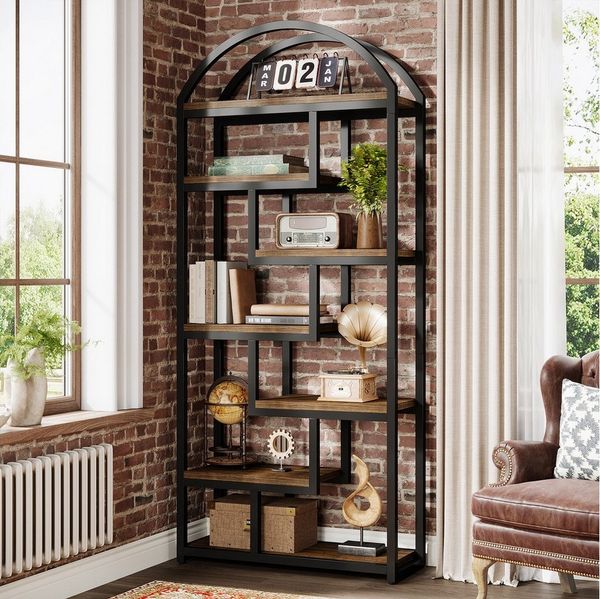 Tribesigns Bücherregal 180cm Bogendesign 7 Fachböden Industrial Regal Braun Schwarz